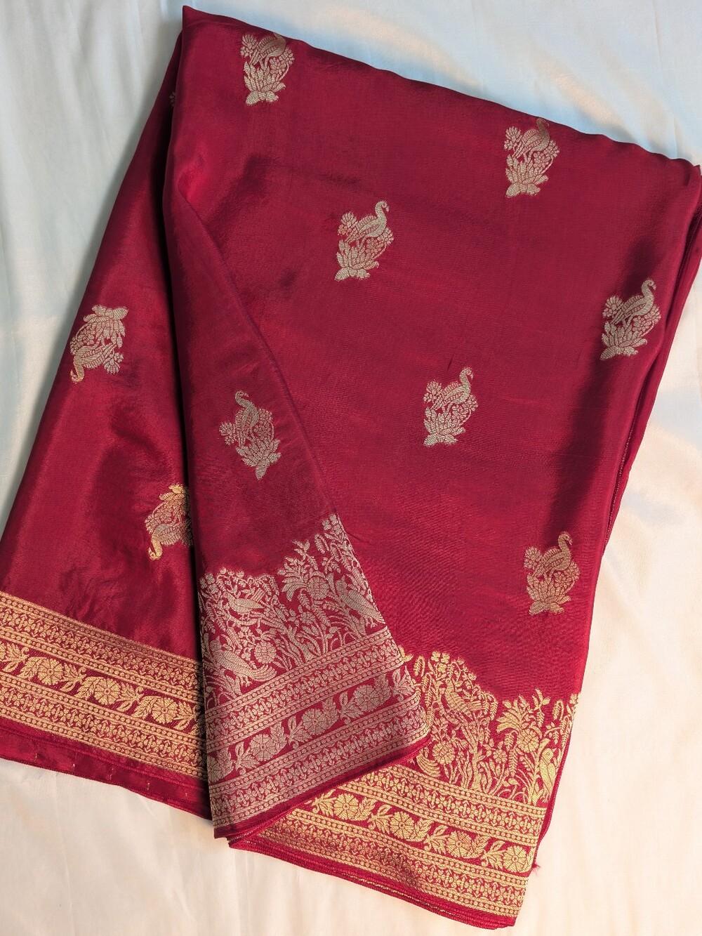 Maroon Red Soft Mashru Silk Saree With Peacock Gold Motifs